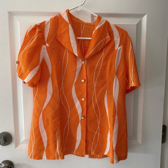 Tops - Orange and White Button-Up Blouse
